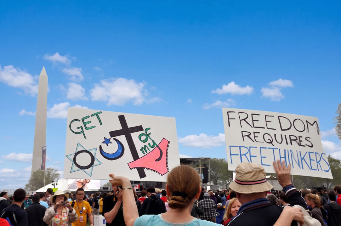protestor holding sign that says freedom requires free thinkers