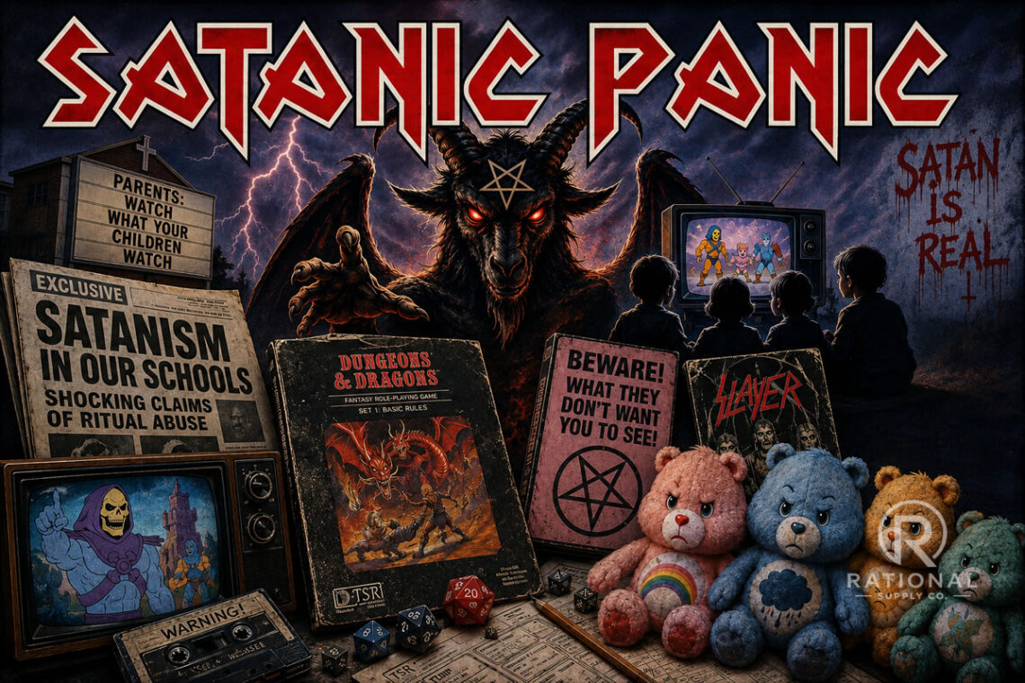 a collection of items from the satanic panic including care bears