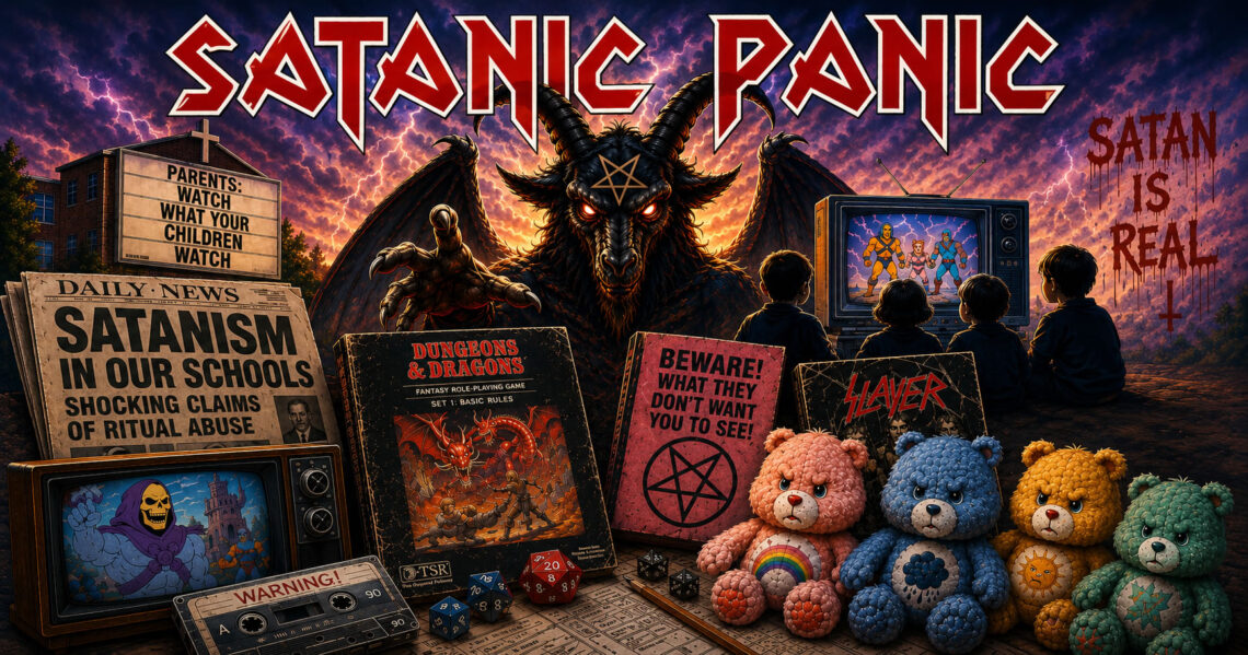 a collection of items from the satanic panic including care bears