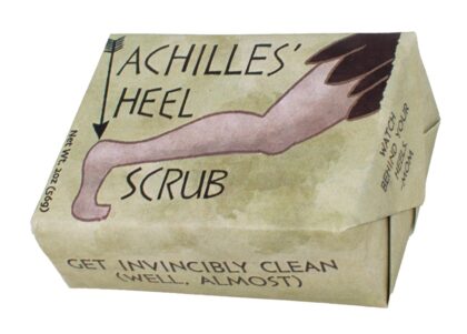 Achilles Heel Soap novelty bar featuring humorous Greek mythology-inspired packaging with a refreshing mint scent