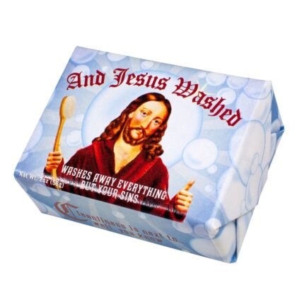 Jesus Soap novelty bar featuring humorous Jesus-themed packaging with an almond and cocoa butter scented vegetable-based soap