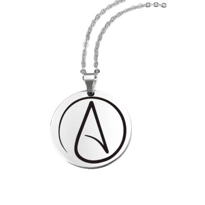 Stainless steel atheist symbol pendant necklace featuring the iconic atomic A symbol on a polished round pendant