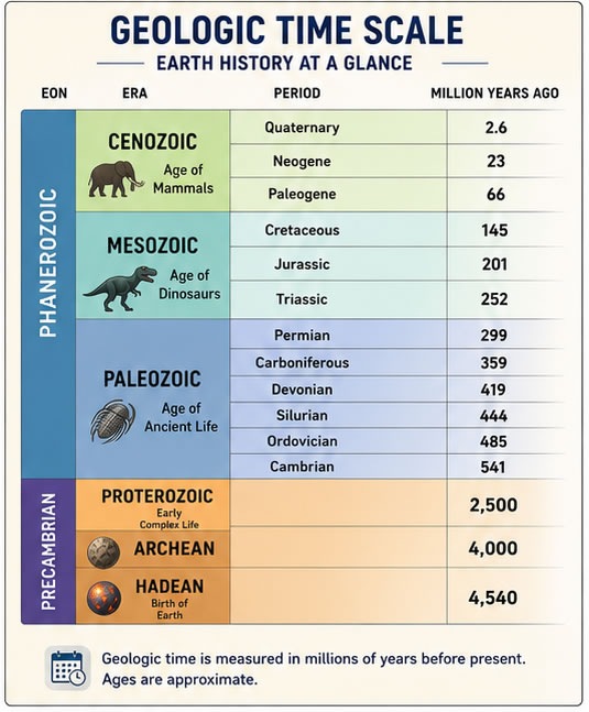 Illustrated geologic time scale showing Earth's major eons, eras, and periods from the Hadean to the Quaternary, highlighting the timeline of life's evolution.