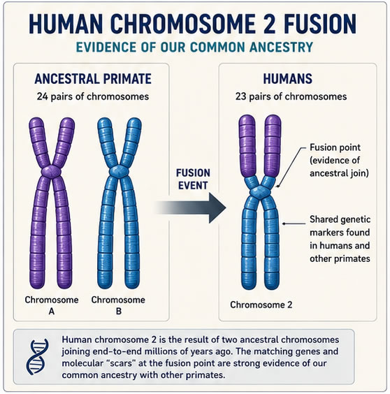 Scientific illustration showing how two ancestral primate chromosomes fused to form human chromosome 2, providing genetic evidence for common ancestry with other great apes.