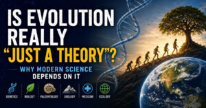 Human evolution silhouettes overlooking Earth beside a DNA helix, illustrating why evolutionary theory is foundational to modern biology, genetics, geology, medicine, and paleontology.