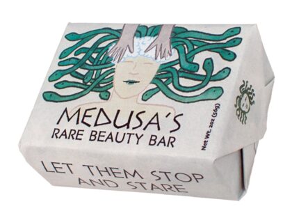Medusa's Rare Beauty Bar novelty soap featuring Greek mythology-inspired artwork with a refreshing cucumber and aloe fragrance