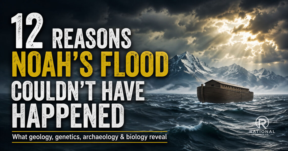 Illustration of Noah's Ark surrounded by floodwaters with modern mountains and scientific evidence challenging the biblical account of a global flood.