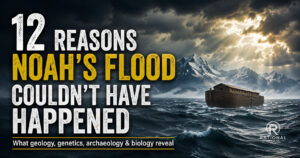 Illustration of Noah's Ark surrounded by floodwaters with modern mountains and scientific evidence challenging the biblical account of a global flood.