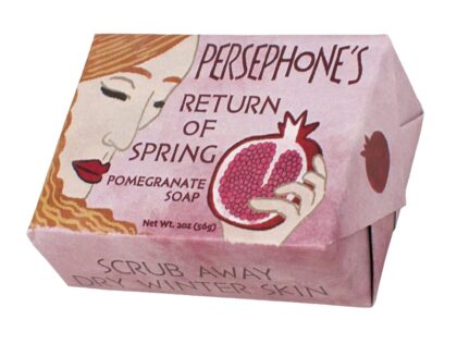 Persephone's Return of Spring Soap novelty bar featuring Greek mythology-inspired artwork and spring-themed floral packaging
