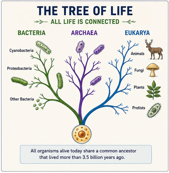 Simplified tree of life illustrating how Bacteria, Archaea, and Eukarya branch from a common ancestor, demonstrating the shared evolutionary history of all living organisms.