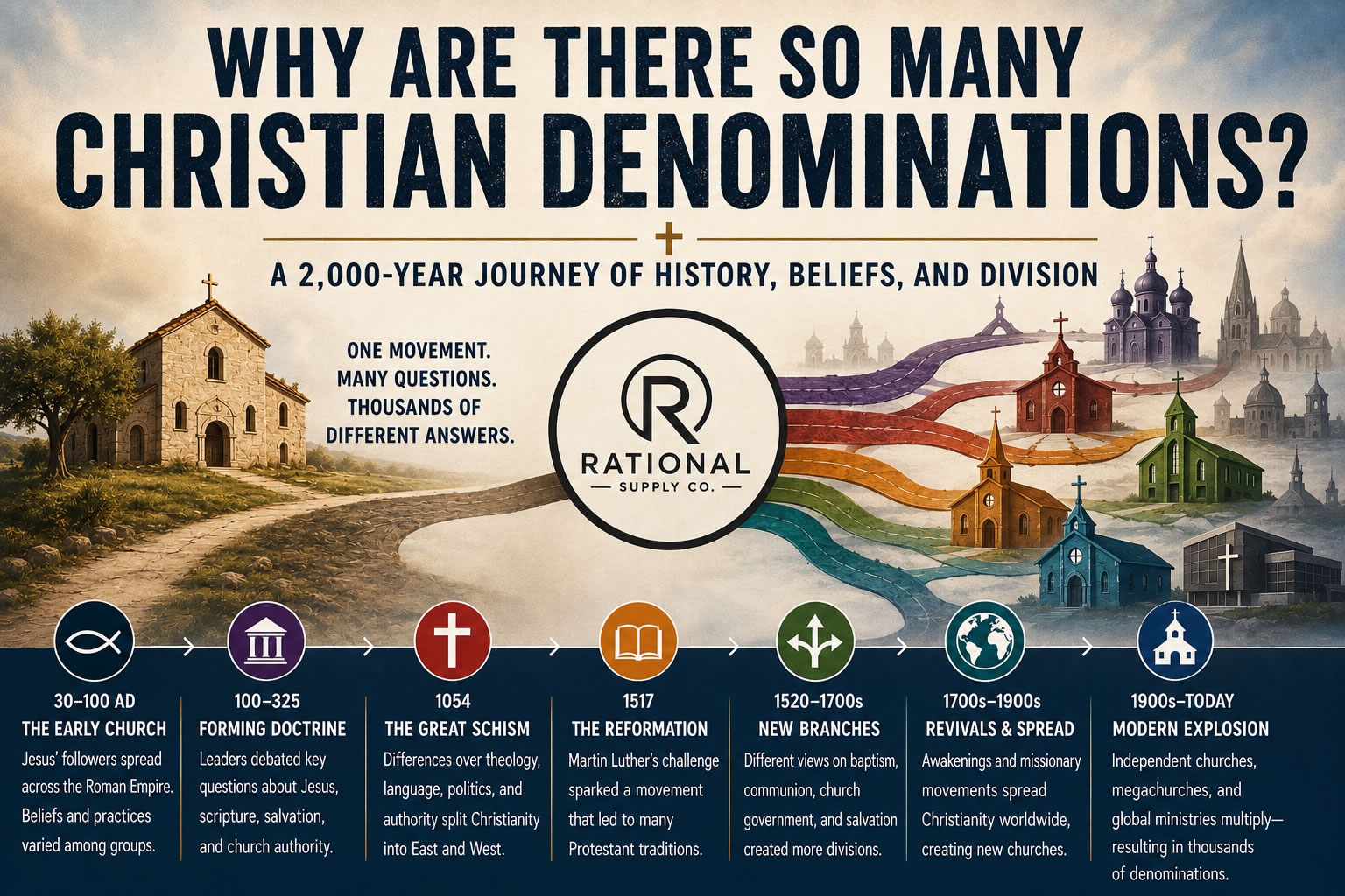 an infographic showing the progression of christianity. why are there so many denominations?
