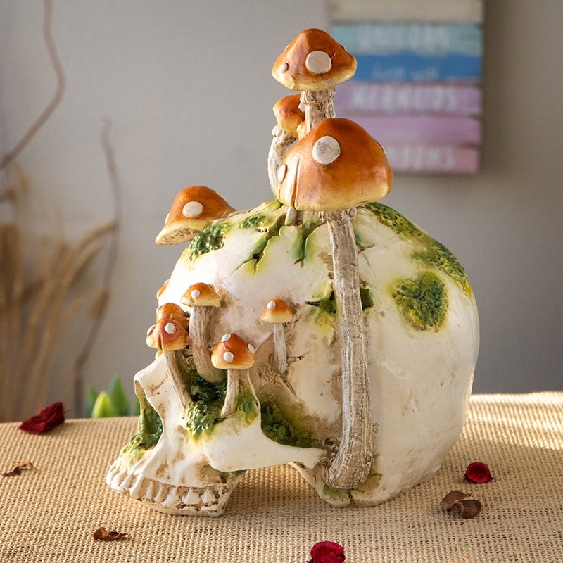 side view of skull with mushrooms growing out of it