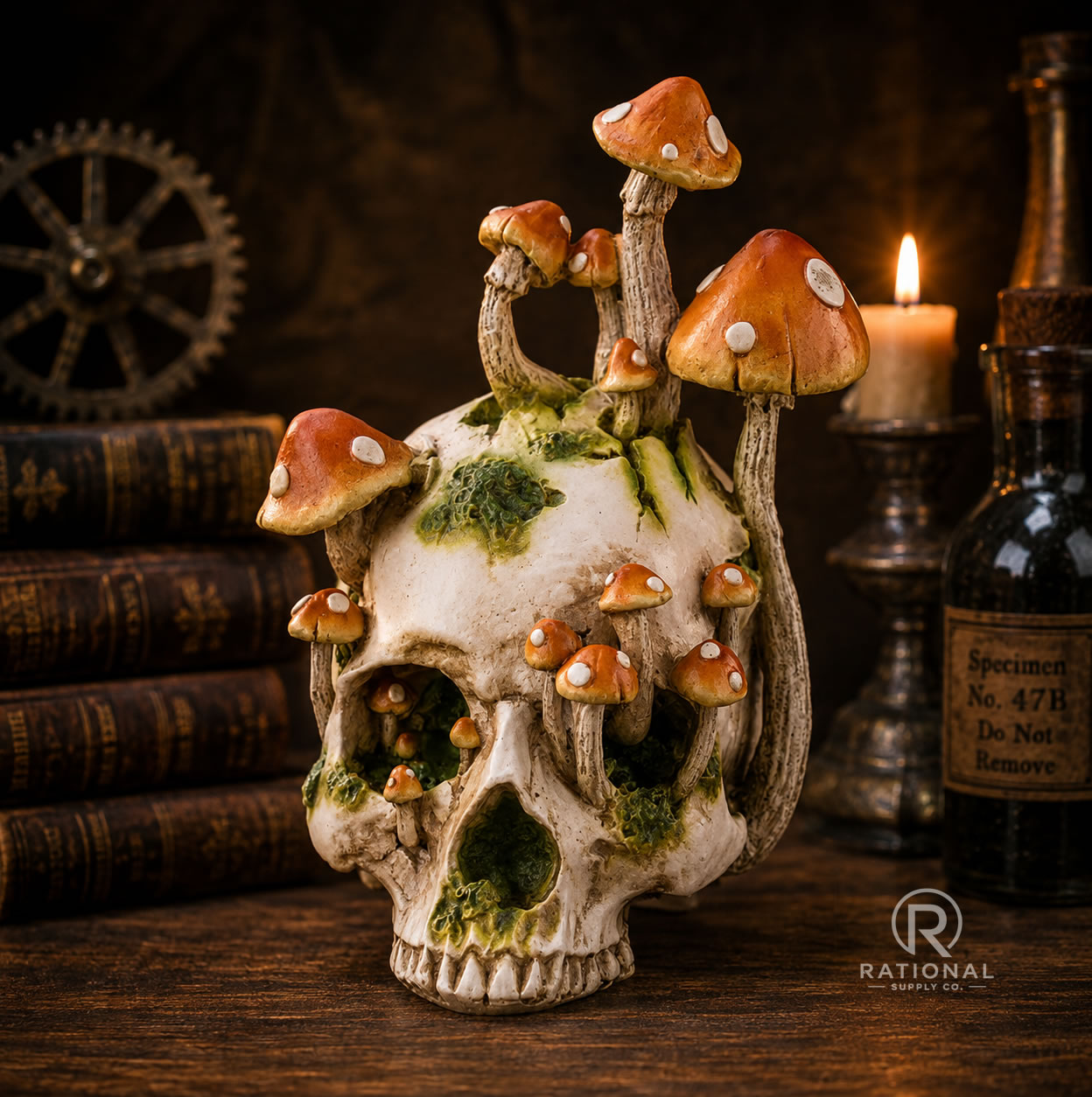 Large human skull with mushrooms and moss made from cold-cast resin