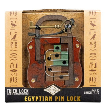 Egyptian Pin Lock trick puzzle with wooden bolt, front view