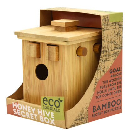 Honey Hive bamboo secret box shown at an angle, closed
