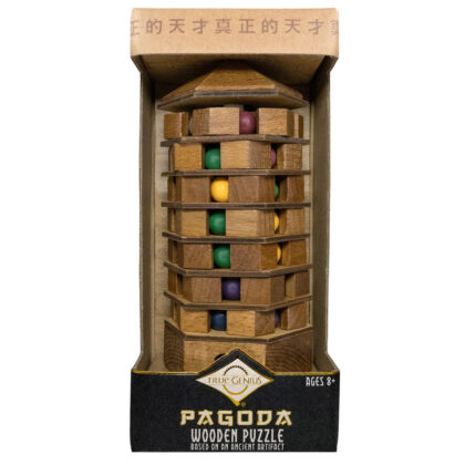 Wooden Chinese pagoda tower puzzle with colored spheres, front view