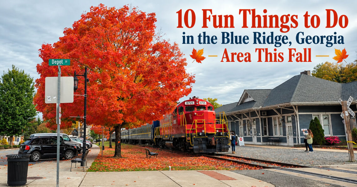 Autumn foliage and a red locomotive at the Blue Ridge Scenic Railway depot, featured in a guide to fall activities near Blue Ridge, Georgia.
