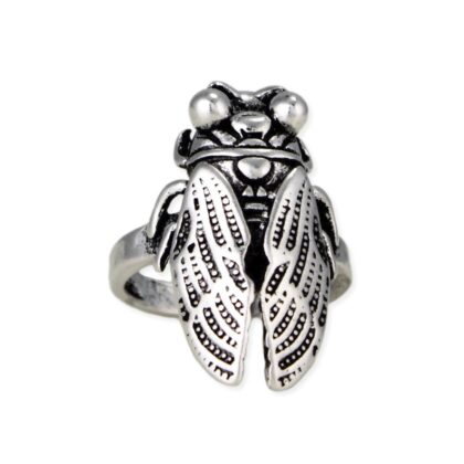 Silver cicada ring photographed from above on a white background, highlighting the insect's detailed wings and antiqued finish.
