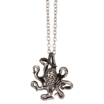 Detailed octopus pendant necklace with curling tentacles and textured suckers hanging from a chain against a white background.