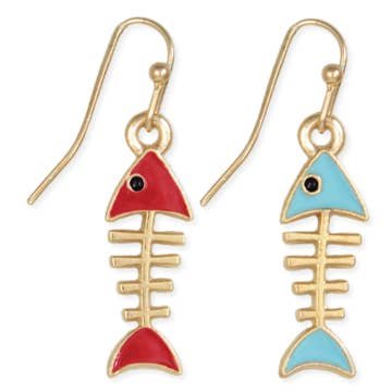 Gold-tone fishbone dangle earrings with colorful red and blue enamel fish heads and tails, displayed against a light background.