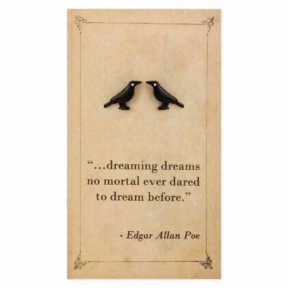 Black raven stud earrings displayed on a vintage-style literary card featuring a quote from Edgar Allan Poe's The Raven.
