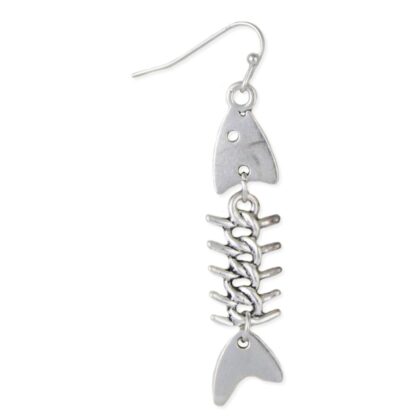 Single silver-tone fish skeleton earring with a detailed spine and tail on a white background.