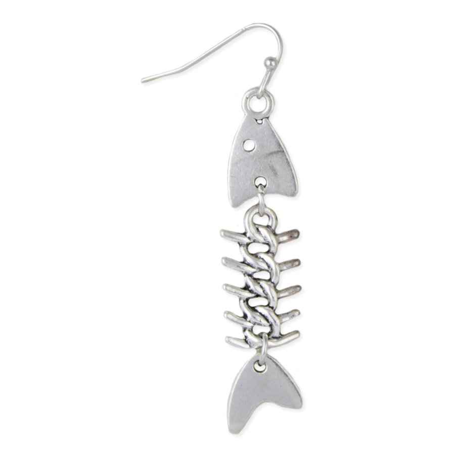 Single silver-tone fish skeleton earring with a detailed spine and tail on a white background.