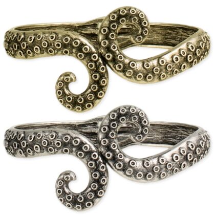 From the Deep octopus tentacle cuff bracelet in antiqued gold-tone and silver-tone finishes, showing the sculpted tentacles and textured sucker details.