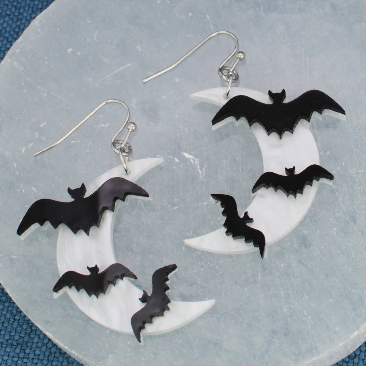 Closeup of Night Flight Bat Moon Earrings