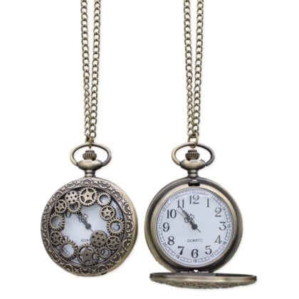 Antiqued gold steampunk pocket watch necklace with intricate decorative gears and a long chain.