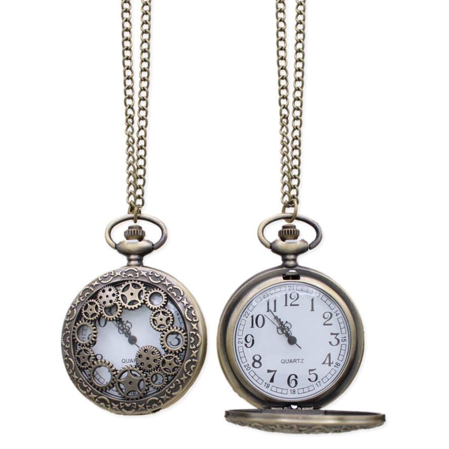 Antiqued gold steampunk pocket watch necklace with intricate decorative gears and a long chain.