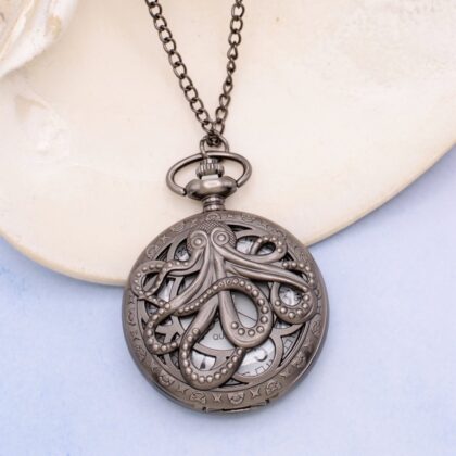 Antiqued silver octopus pocket watch necklace with detailed tentacles and a long chain.