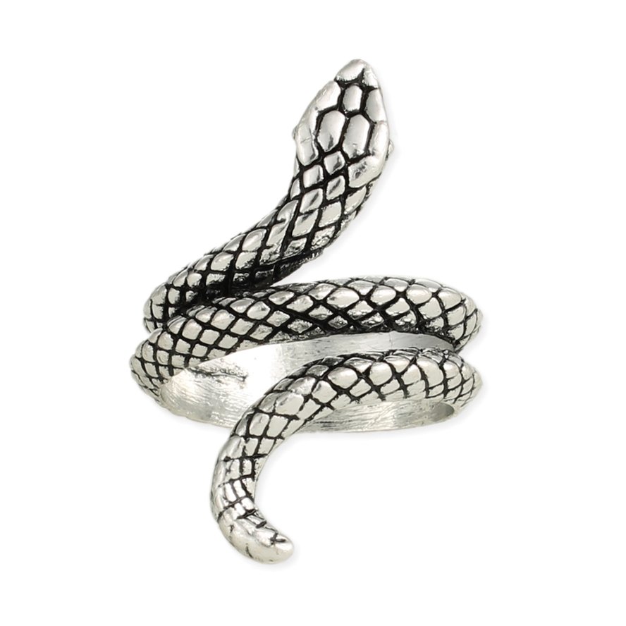 Silver snake wrap band ring isolated against a white background, featuring a raised snake head, curved body, and textured scales.