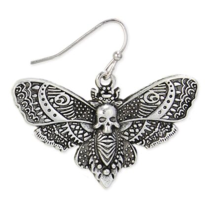 Silver-tone Deaths Head Moth dangle earrings featuring ornate patterned wings and a skull-like marking at the center of each moth.
