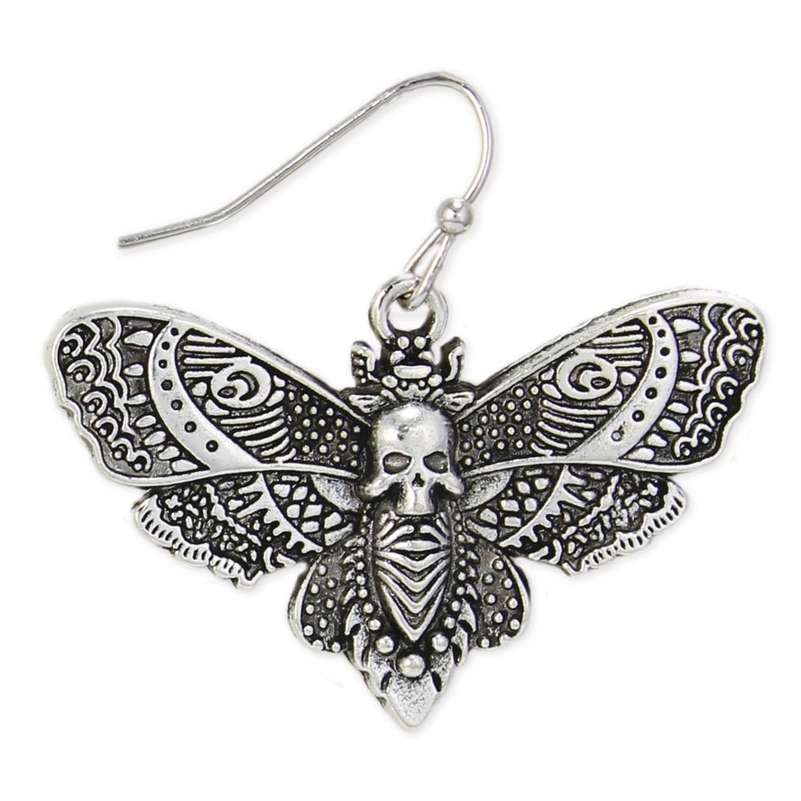 Silver-tone Deaths Head Moth dangle earrings featuring ornate patterned wings and a skull-like marking at the center of each moth.