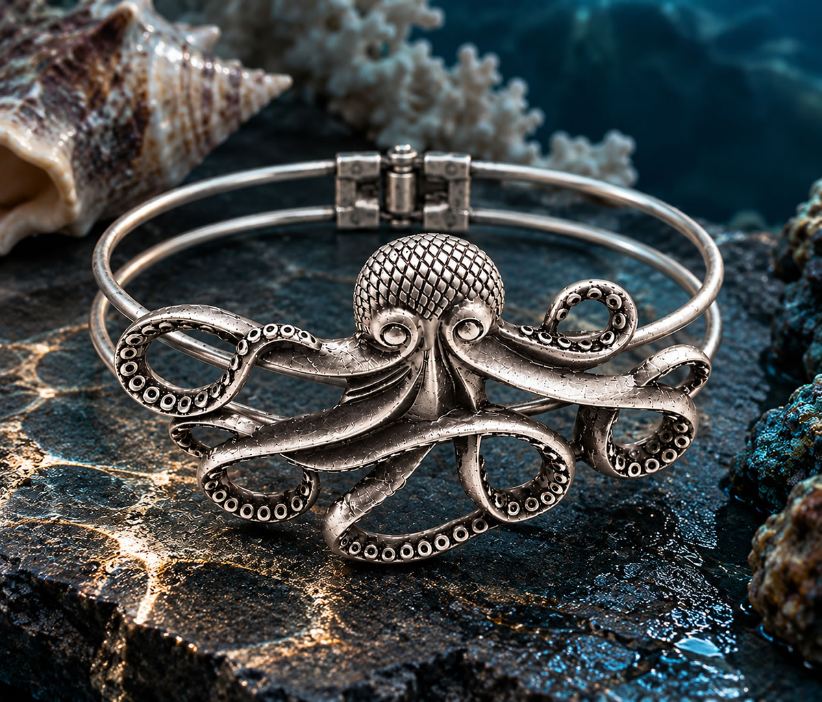 Silver-tone hinged cuff bracelet featuring a large sculpted octopus with outstretched curling tentacles and detailed suction cups against an ocean background