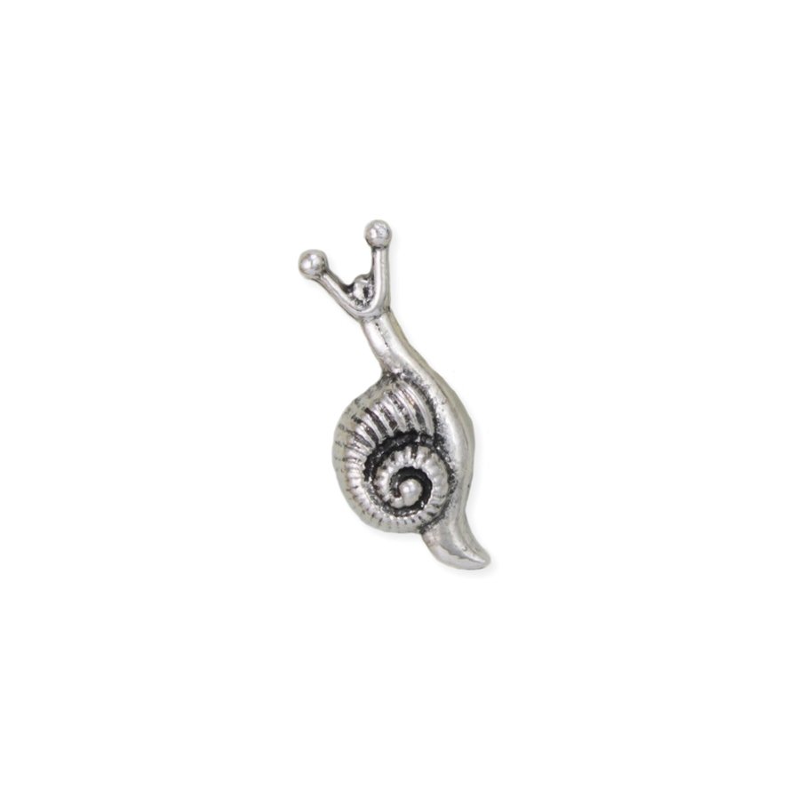 Close-up of a silver-tone snail stud earring with a raised spiral shell and sculpted body on a white background.