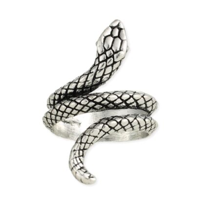 Silver-tone snake wrap ring on a white background showing its raised head, coiled body, and realistic scale pattern.